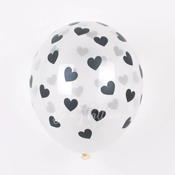 6 white balloons - Black heart confetti