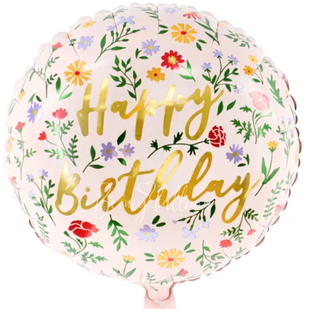 -40% Шар из фольги "Happy Birthday" цветы 35см