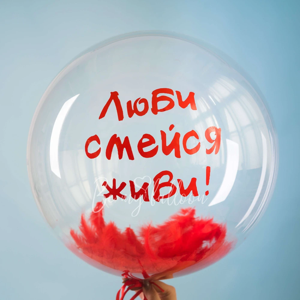 Шар-бабл с перьями внутри "Живи, смейся, люби!" 50-55см
