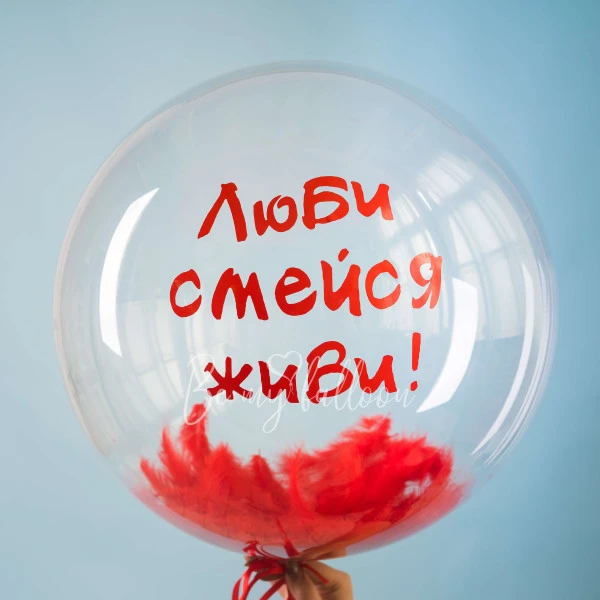 Шар-бабл с перьями внутри "Живи, смейся, люби!" 50-55см