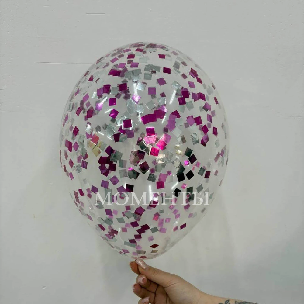 Шар латексный с конфетти "Квадрат, Серебристо-розовый металлик"