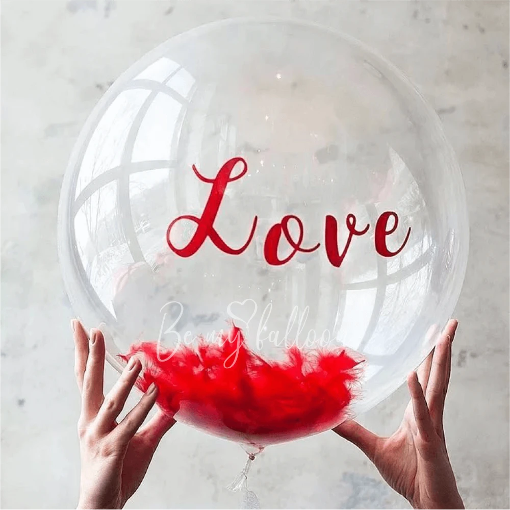 Шар-бабл с перьями внутри "Love" 50-55см