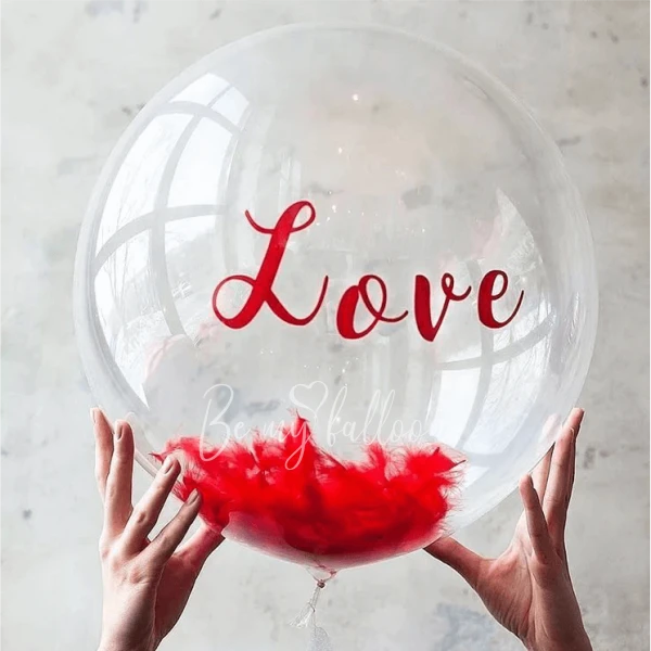 Шар-бабл с перьями внутри "Love" 50-55см